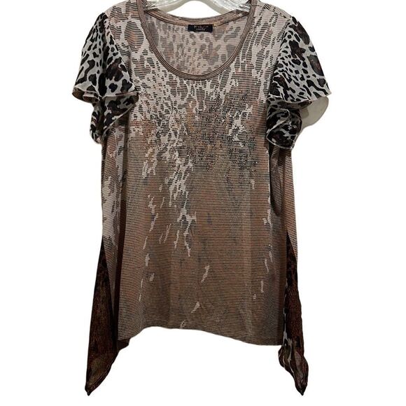 Fylo London top sharkbite sheer beading striped black tan camo flutter sleeve LG - Picture 1 of 7